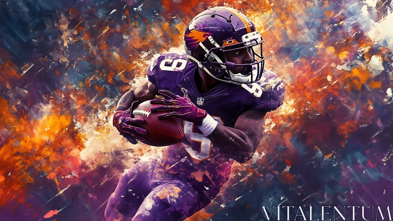 Gridiron player in purple uniform amid abstract colors.