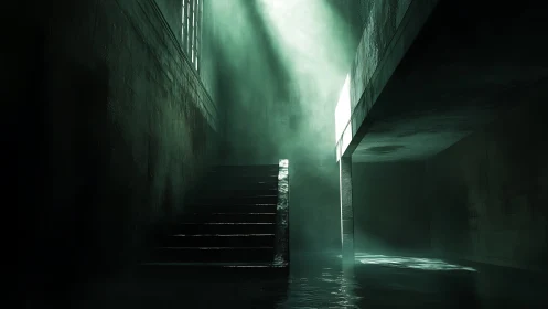 Concrete stairwell with overhead light in dark interior.