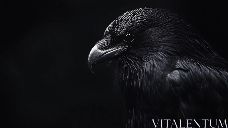 Raven portrait cloaked in deep monochrome shadowed light.