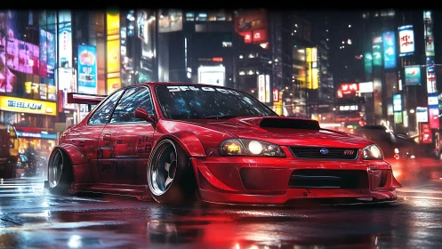 Neon soaked red street racer prowling a rainlit Tokyo night.