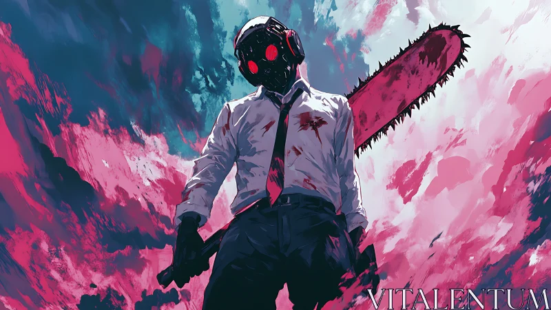 Masked figure with chainsaw stands under high-contrast neon sky