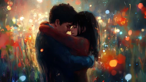 Intimate Urban Embrace: Couple Within Bokeh-Saturated Nightscape Environment.