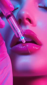 Neon-lit cosmetic injection explores hyperreal beauty tension