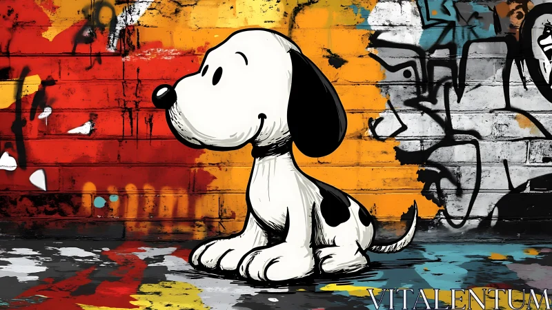 Cartoon beagle sits before vivid red orange graffiti wall