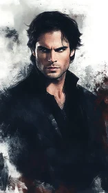 Male portrait in dark clothing against abstract background.