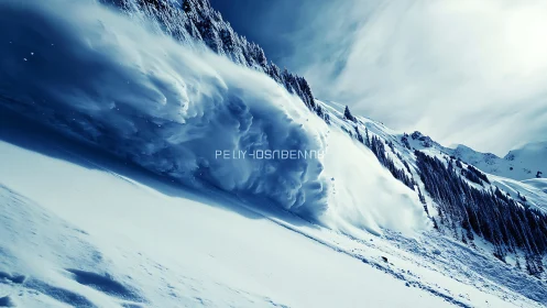 High-velocity alpine avalanche front on steep coniferous slope.