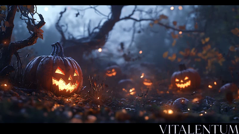 Carved jack o lanterns illuminated in foggy forest clearing.
