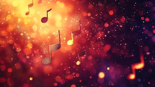 Glowing melody notes drift through a crimson spark storm.