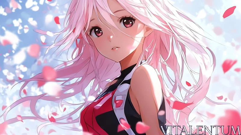 Pink haired anime figure is depicted among drifting petals