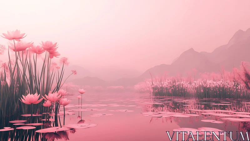 Soft pink lotus lake glows gently in a quiet mountain dawn