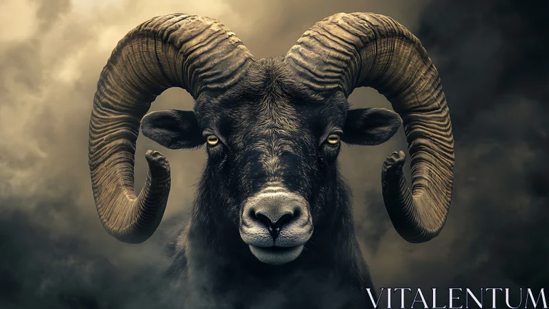 Stormlit ram portrait with imposing spiraled horns.