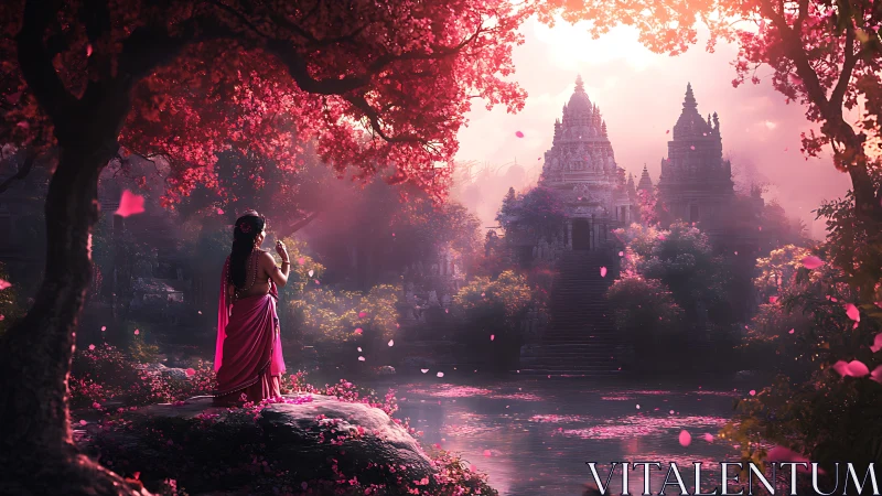 Woman in pink sari gazes toward misty temple gardens at dawn