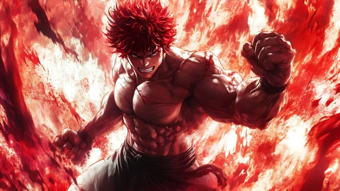 Flaming anime warrior unleashes explosive fiery power surge.