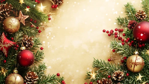 Symmetric festive border with baubles, pine sprigs, bokeh glow.