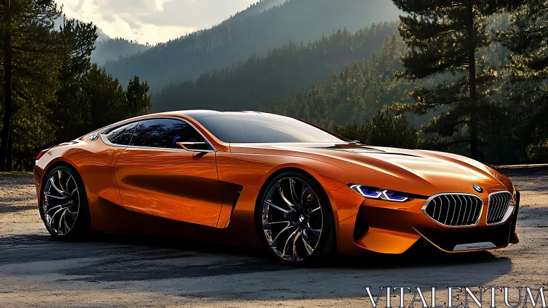 Orange BMW concept coupe stands on mountain road at dusk