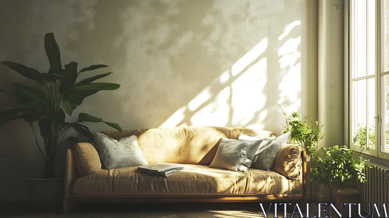 Sunlit cozy sofa corner with plants and gentle morning calm.