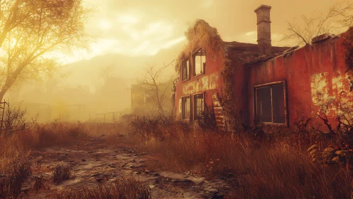 Sunlit ruins depict a haunting post-apocalyptic homestead.