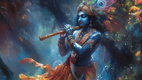 Radiant blue flute player glows in a lush mystical forest