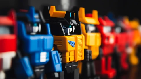 Closeup lineup of colorful robot action figure toys.