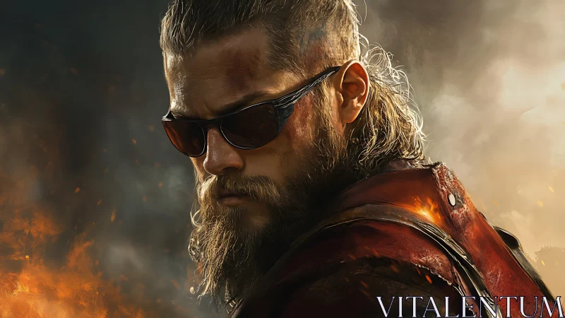 Battle-hardened warrior with sunglasses in blazing embers