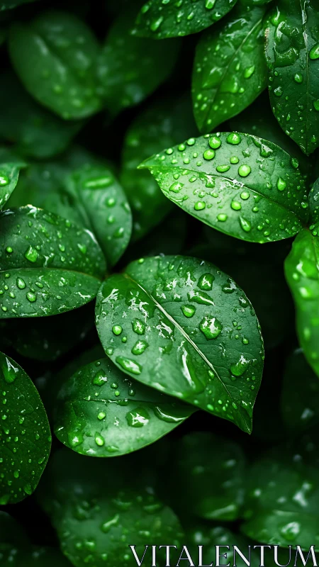 Wet green leaves display water droplets in close-up view