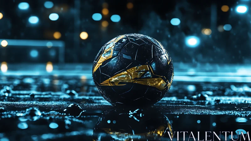 Midnight soccer ball glowing on a rain soaked street.
