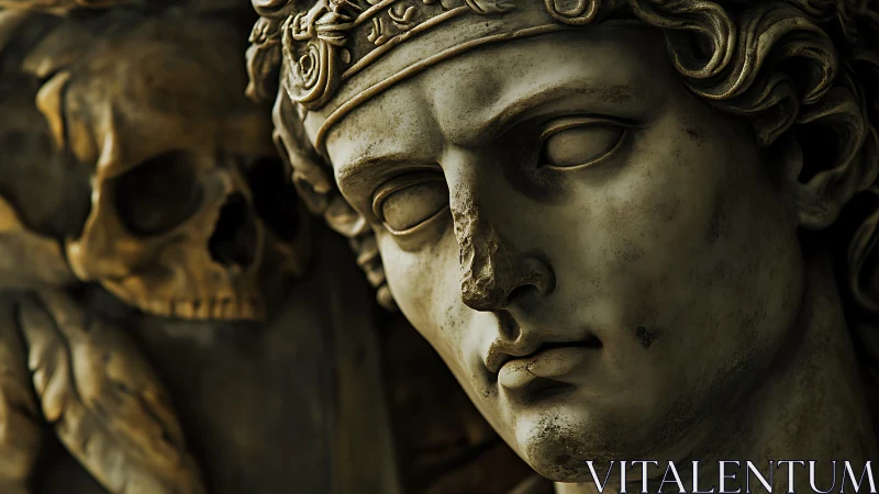Classical marble visage with vanitas skull in chiaroscuro focus.