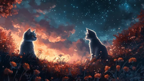 Two Felines in Luminescent Nocturnal Botanical Setting.