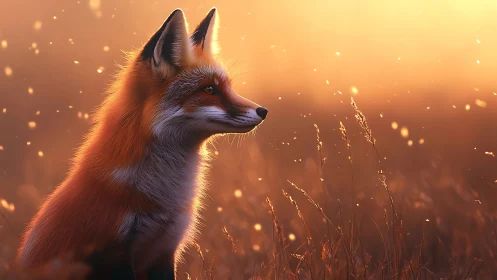Red fox profile in glowing backlit golden meadow at dusk.