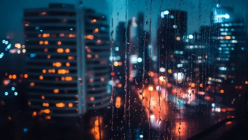 Rain-streaked window overlooks neon city at blue hour.