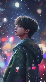 Dreamy side-profile youth in neon bokeh nightscape illustration.