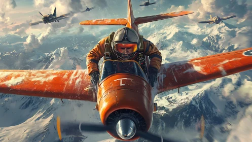 Pilot in orange fighter aircraft leads formation over mountains