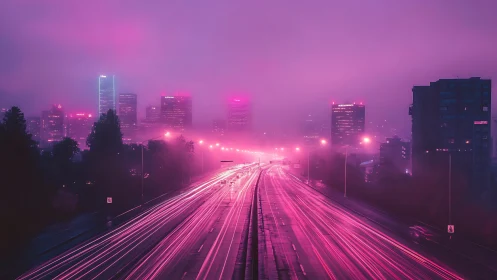 Neon magenta light trails stream toward a fog-shrouded skyline