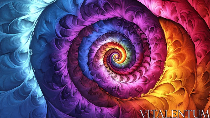 Spiraling rainbow feathers drifting into glowing calm.