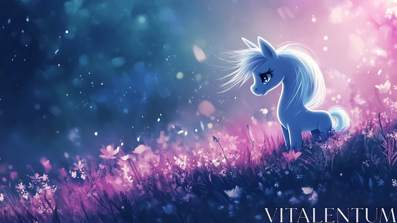 Bioluminescent pony silhouette in bokeh-lit twilight meadow field