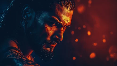 Fierce warrior in firelit glow, lost in focused resolve.