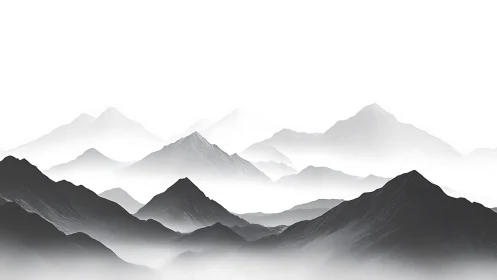 Layered grayscale mountains recede into soft atmospheric mist