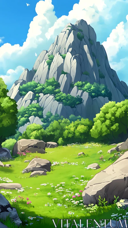 Sunlit alpine meadow below granitic peak in clear summer sky