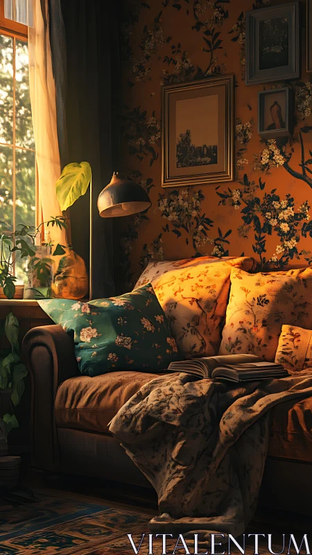 Golden hour reading nook wrapped in floral quiet magic.