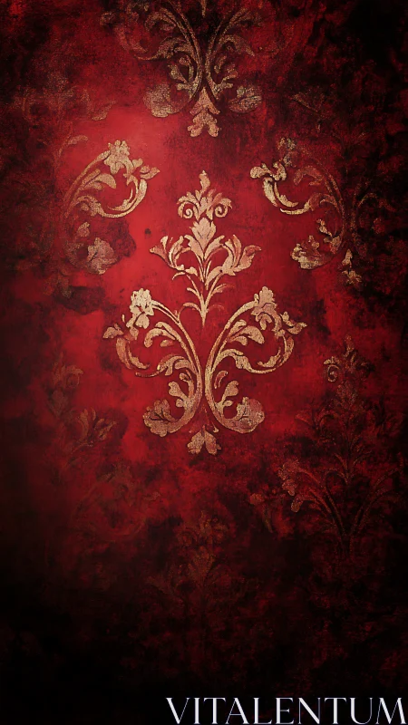 Baroque damask flourishes glow on distressed red ground.