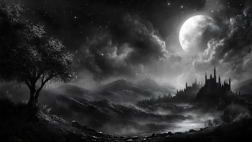 Monochrome moonlit citadel across misted valley panorama.