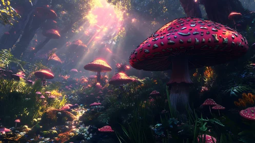 Luminous red mushroom forest under radiant sunbeams.