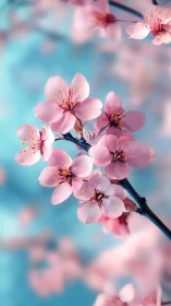 Pink Cherry Blossoms on Branch Against Blue Sky.