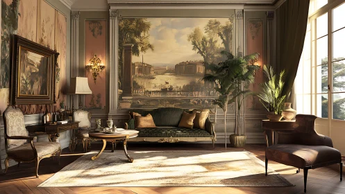 Neoclassical salon interior with mural, plants and afternoon light