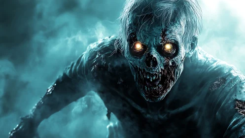 Corpse-like zombie advances through cyan fog in high contrast