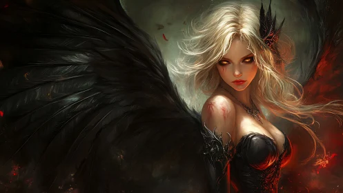 Winged female figure with dark feathers and glowing eyes.