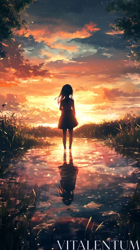 Silhouette of lone figure by reflective water at sunset.