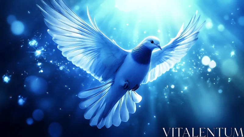 Majestic White Dove in Radiant Blue Light, Digital Fantasy Art.