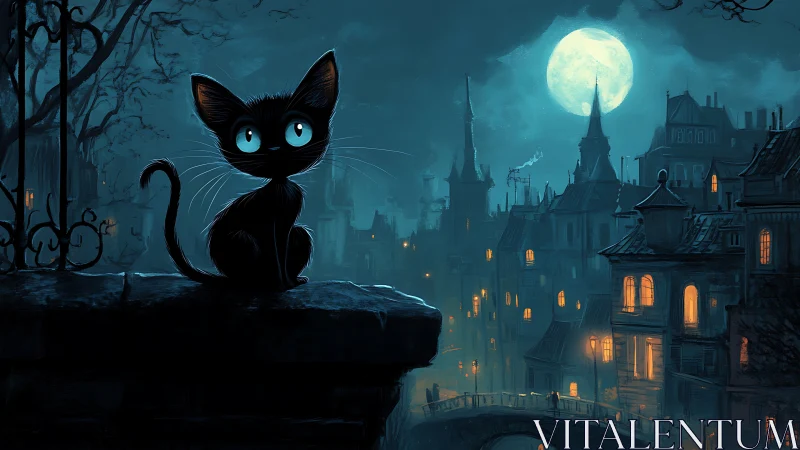 Black Cat with Luminous Eyes Overlooking Moonlit Architectural Cityscape