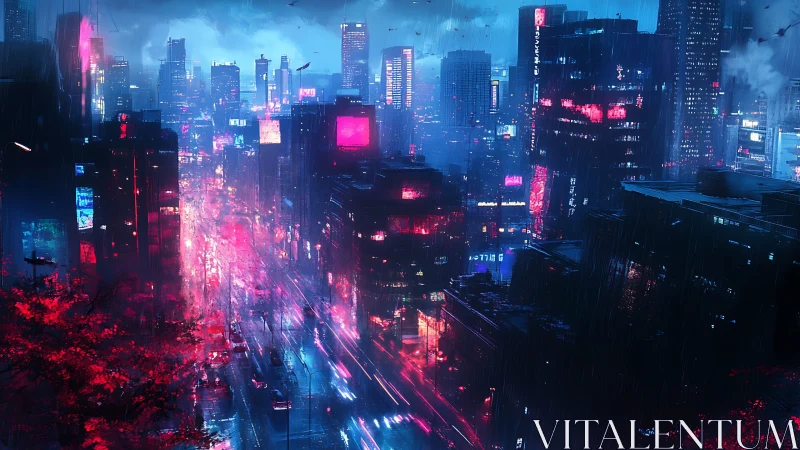 Neon-lit cyberpunk megacity rendered in rain-soaked perspective